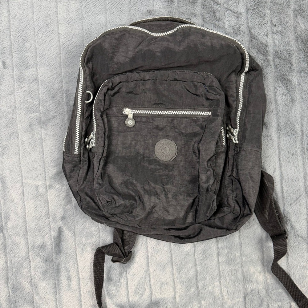 Kipling Seoul Small Backpack Black Crinkle Nylon Multi-Pocket Travel Bag